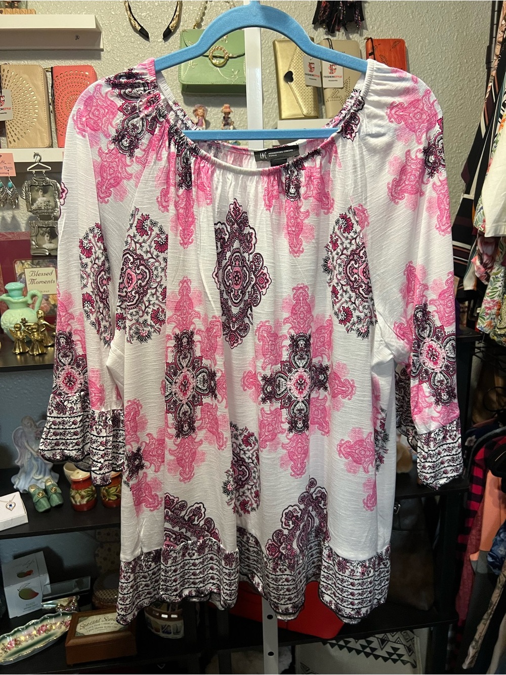 INC International Concepts Pink and White Printed Peasant Tunic